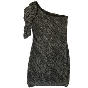 Fashion Magazine Women Cocktail Dress size XS One Sleeve KneeLength Sequin Black